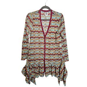 Ivy Jane Boho Long Cardigan Button Down Peplum Hem Women Size Medium Zig Zag Kni